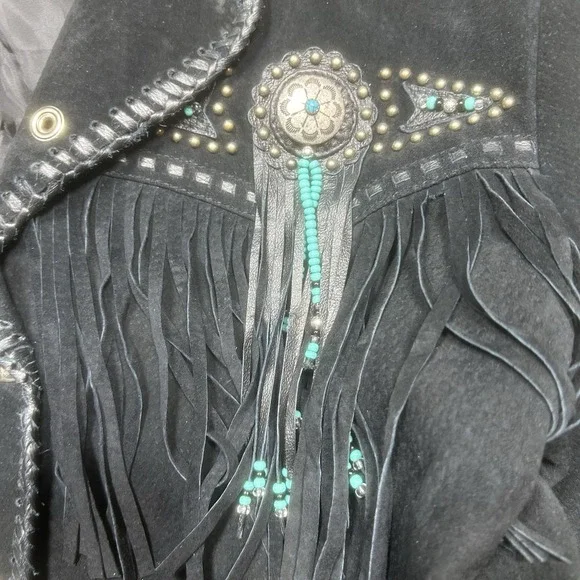 Vintage Scully Jacket Womens M Black Leather Western Fringe Studded Beaded Suede - Picture 7 of 16